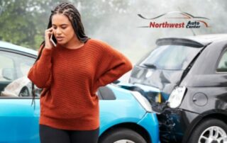 Photo of a Woman Making a Call with a Car Accident Behind Her